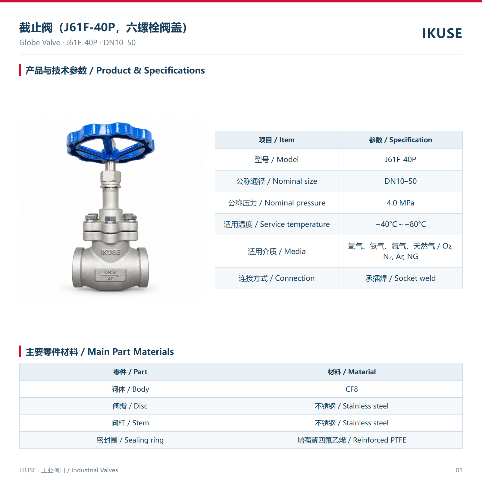 IKUSE 截止阀（J61F-40P，六螺栓阀盖）图2