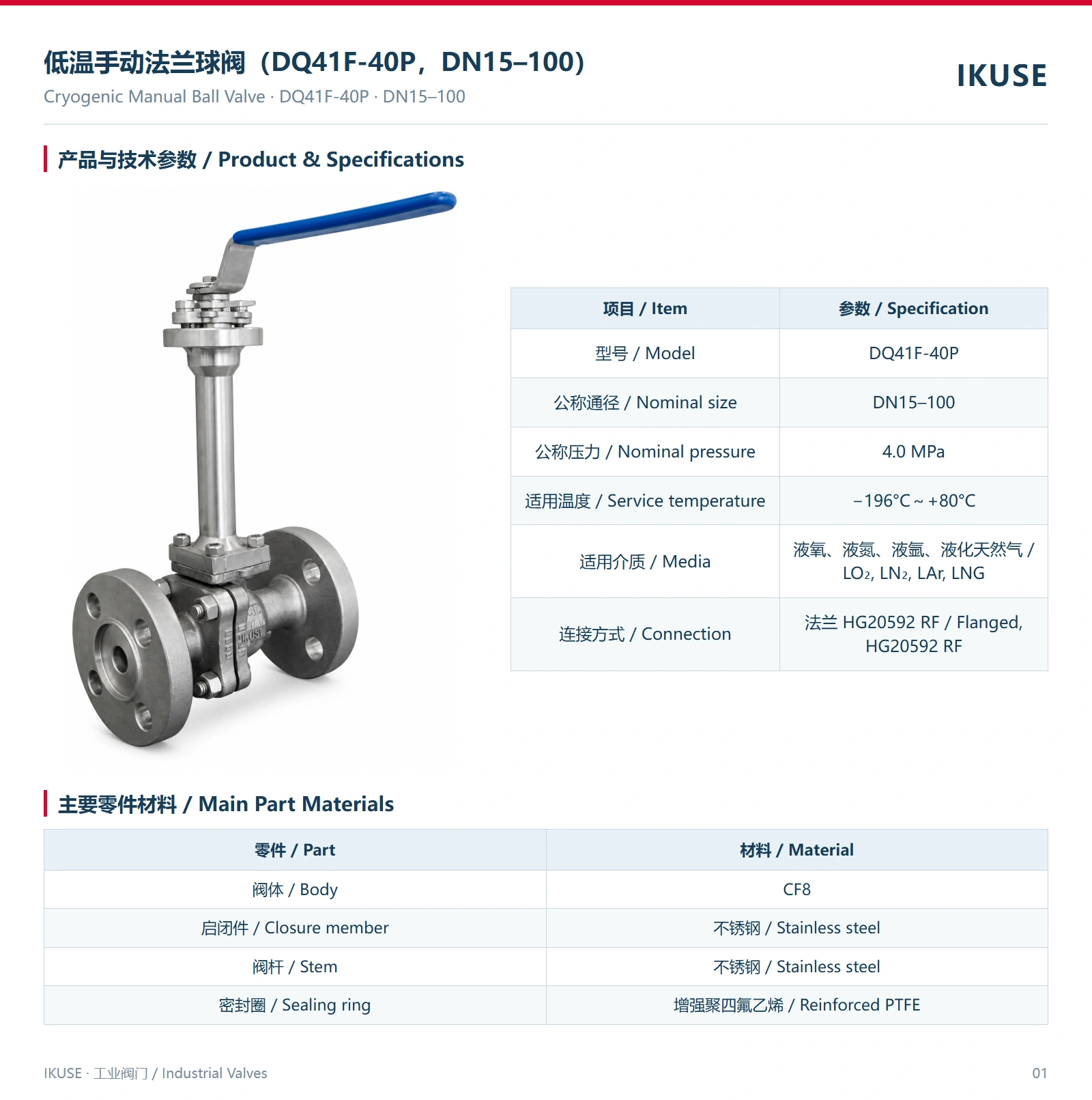 IKUSE 低温手动法兰球阀（DQ41F-40P，DN15–100）图2