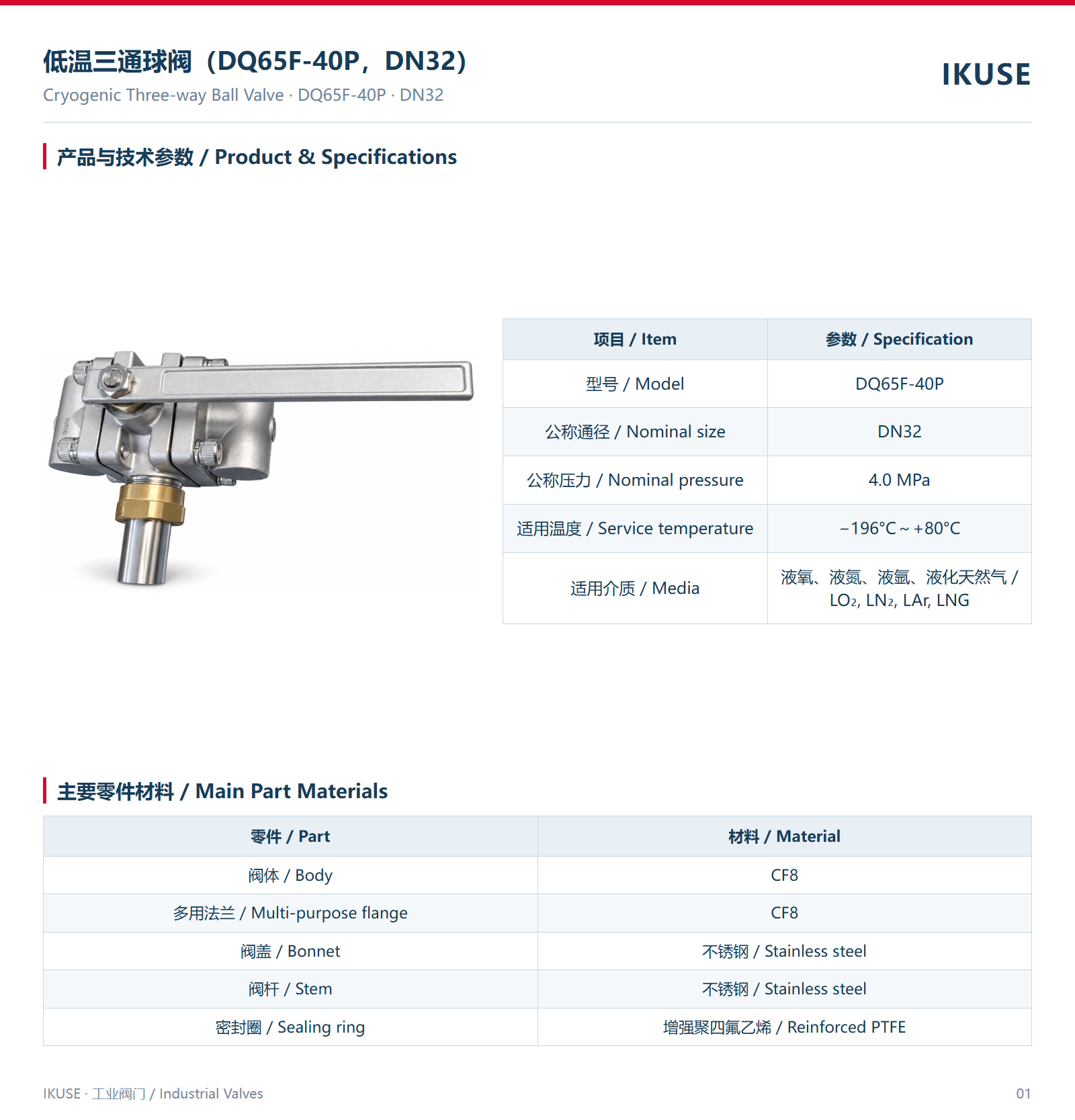 IKUSE 低温三通球阀（DQ65F-40P，DN32）图2