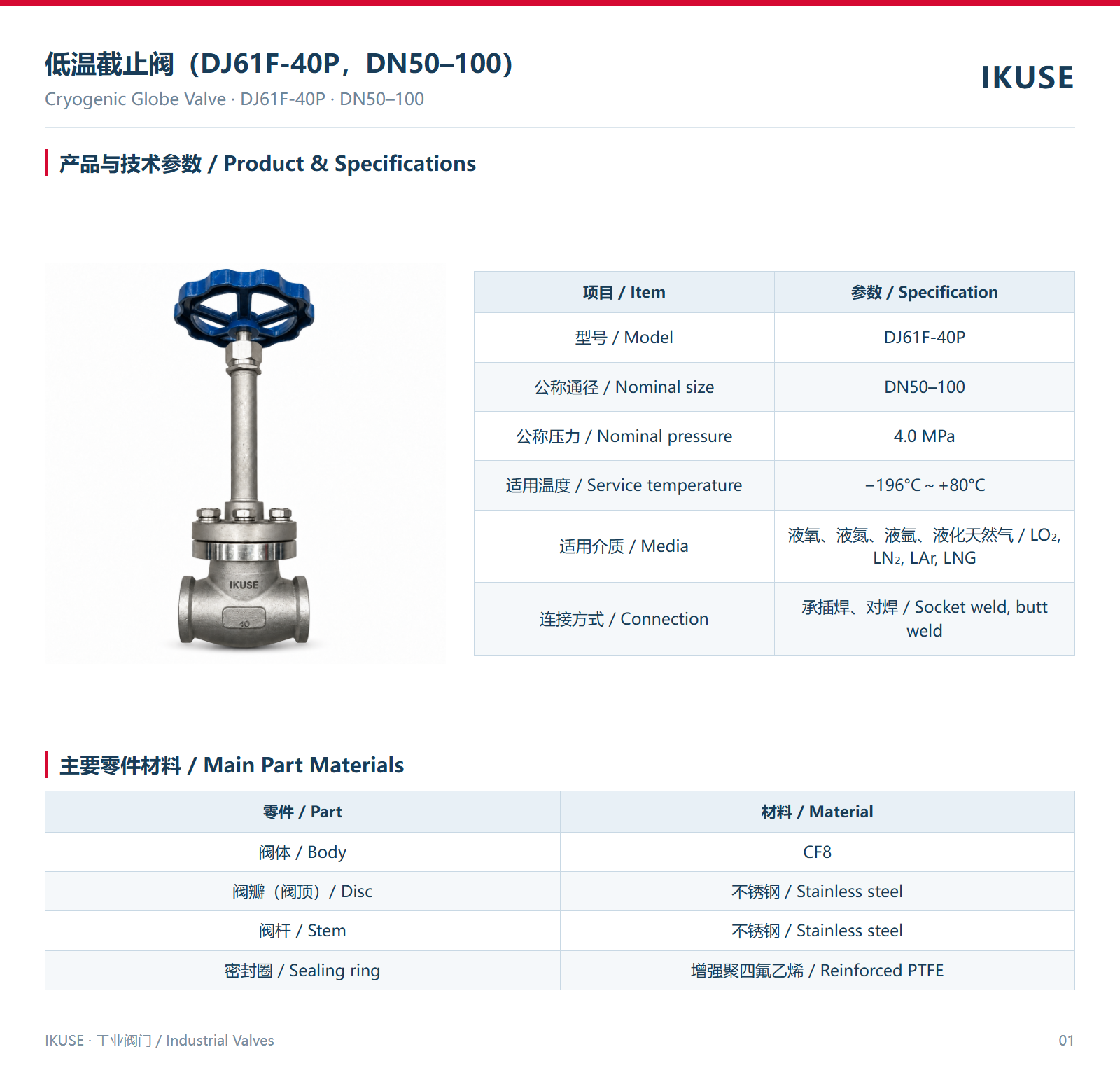 IKUSE 低温截止阀（DJ61F-40P，DN50–100）图2