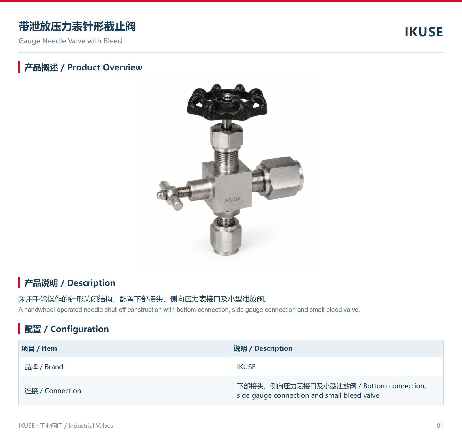 IKUSE 带泄放压力表针形截止阀图2