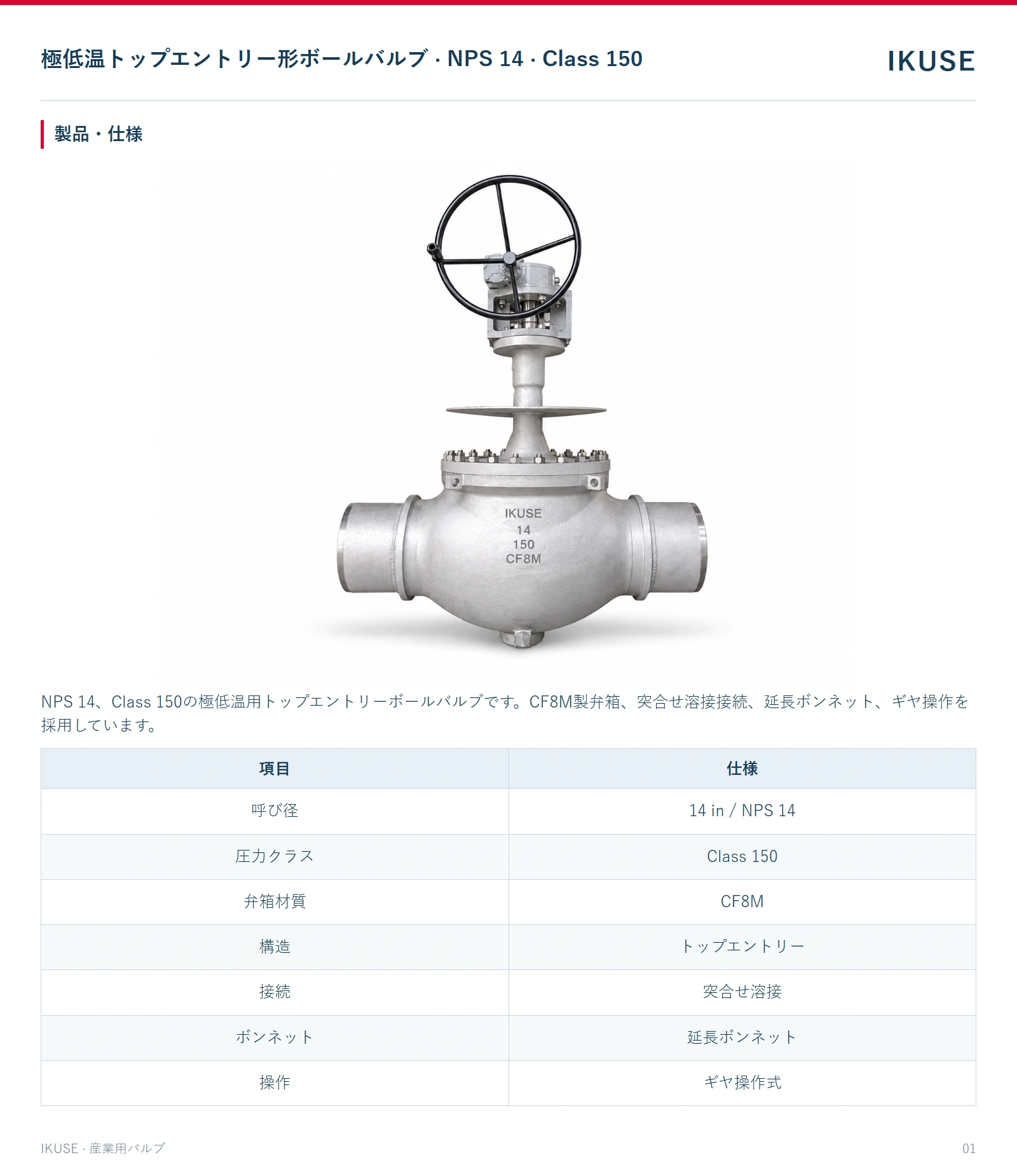 IKUSE 極低温トップエントリー形ボールバルブ · NPS 14 · Class 150画像2
