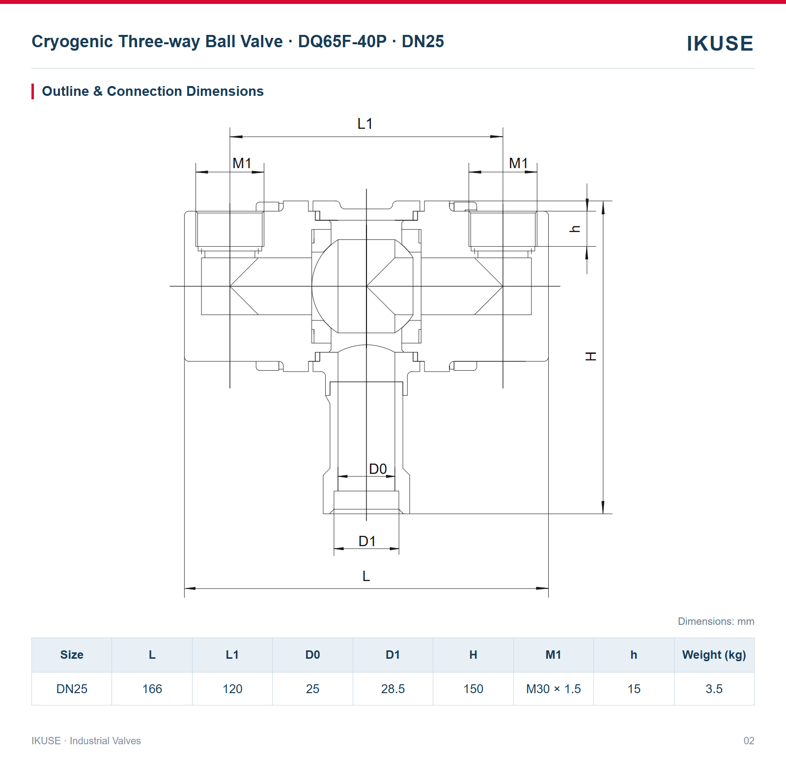 IKUSE Cryogenic Three-way Ball Valve · DQ65F-40P · DN25 image 2