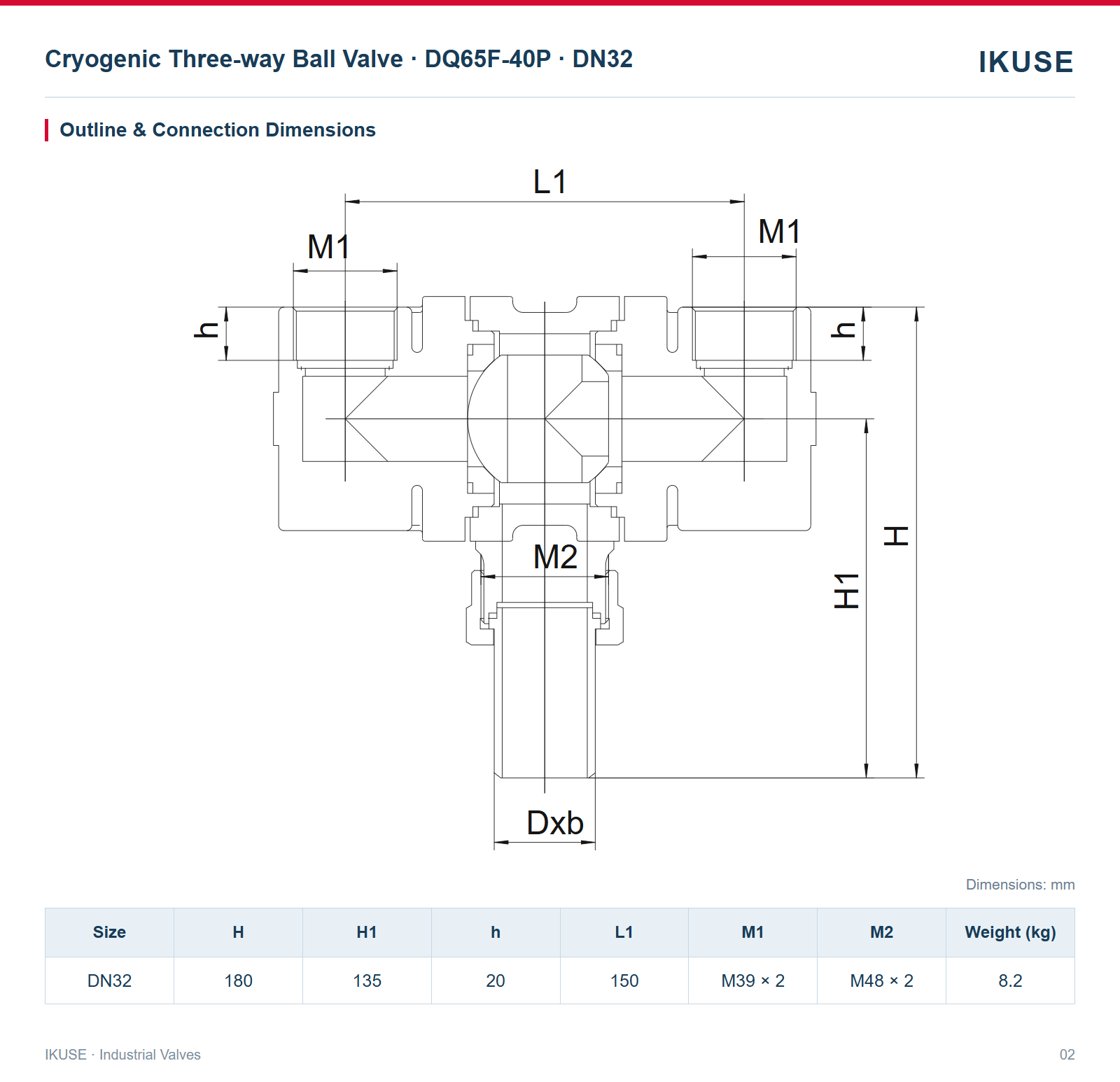 IKUSE Cryogenic Three-way Ball Valve · DQ65F-40P · DN32 image 2