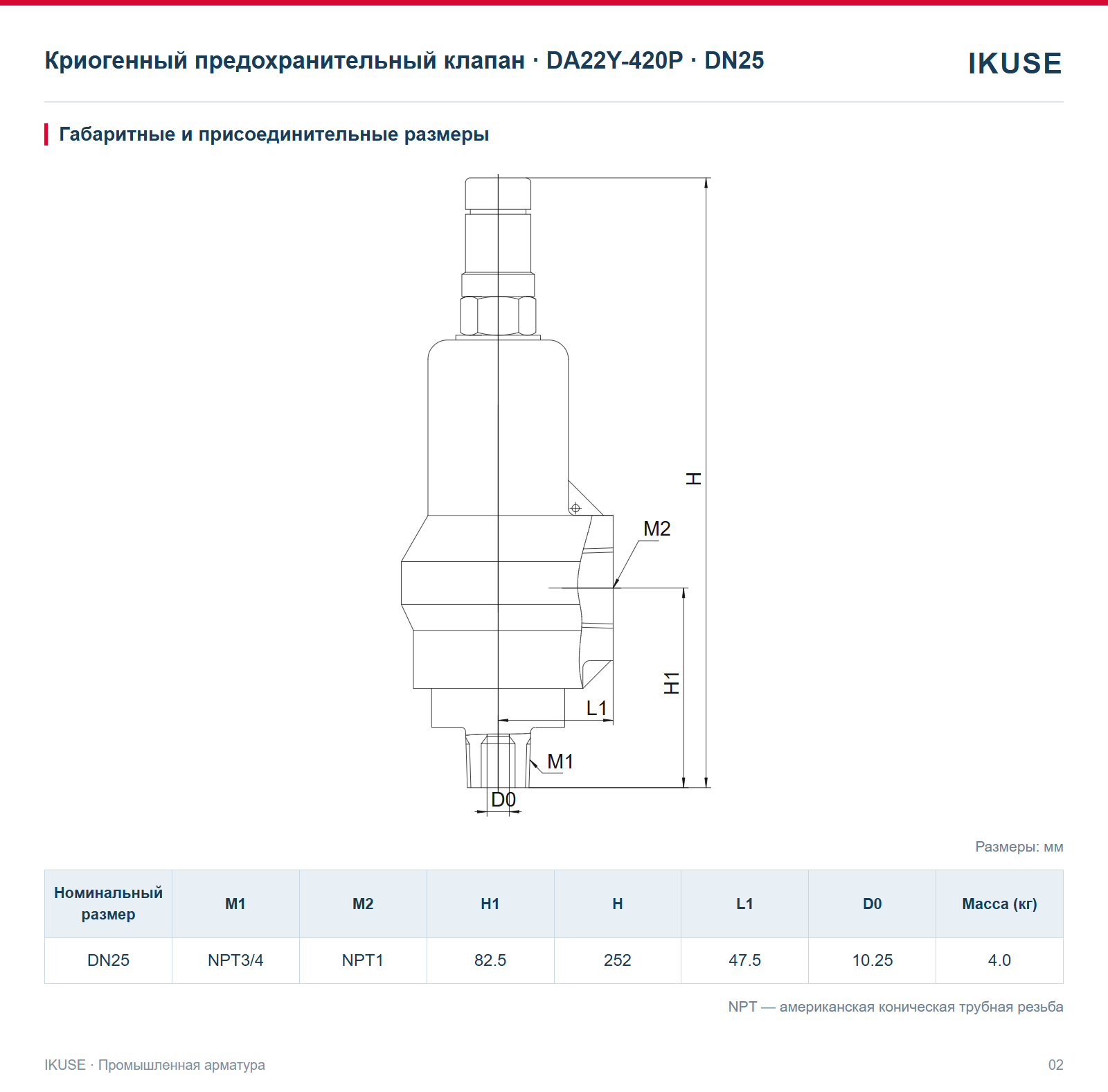 IKUSE Криогенный предохранительный клапан · DA22Y-420P · DN25, фото 2